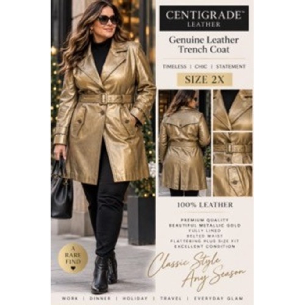 Metallic Gold Genuine Leather Trench Coat Belted Jacket Womens Plus Size 2X